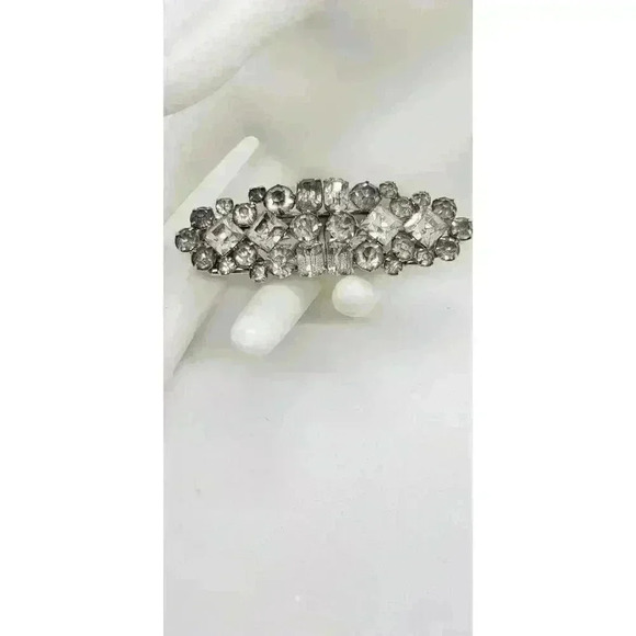 Vintage DUETTE Style Brooch Shoe Fur Collar Clips 1940 Clear Rhinestone - Picture 3 of 10